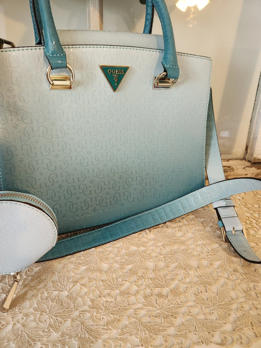 GUESS Blue Ombre Satchel with Removable Crossbody Strap And Matching Changebag